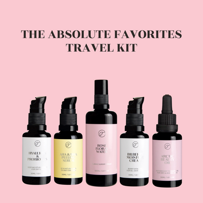 The Absolute Favorites Travel Kit; Rose Floral Water, Hyaluron & Probiotics Serum, AHA & BHA Peeling Serum, Bilberry Moisture Cream, Arctic Beauty Oil