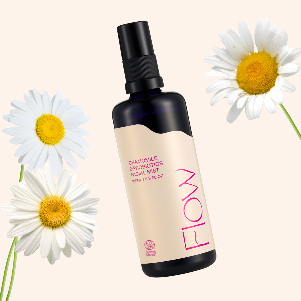 Flow Cosmetics Chamomile & Probiotics -probioottinen kamomillavesi rauhoittaa herkkää ihoa Ecocert Cosmos Organic